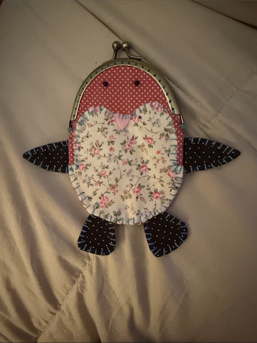 Handmade Floral Penguin Coin Purse - Pink & Navy